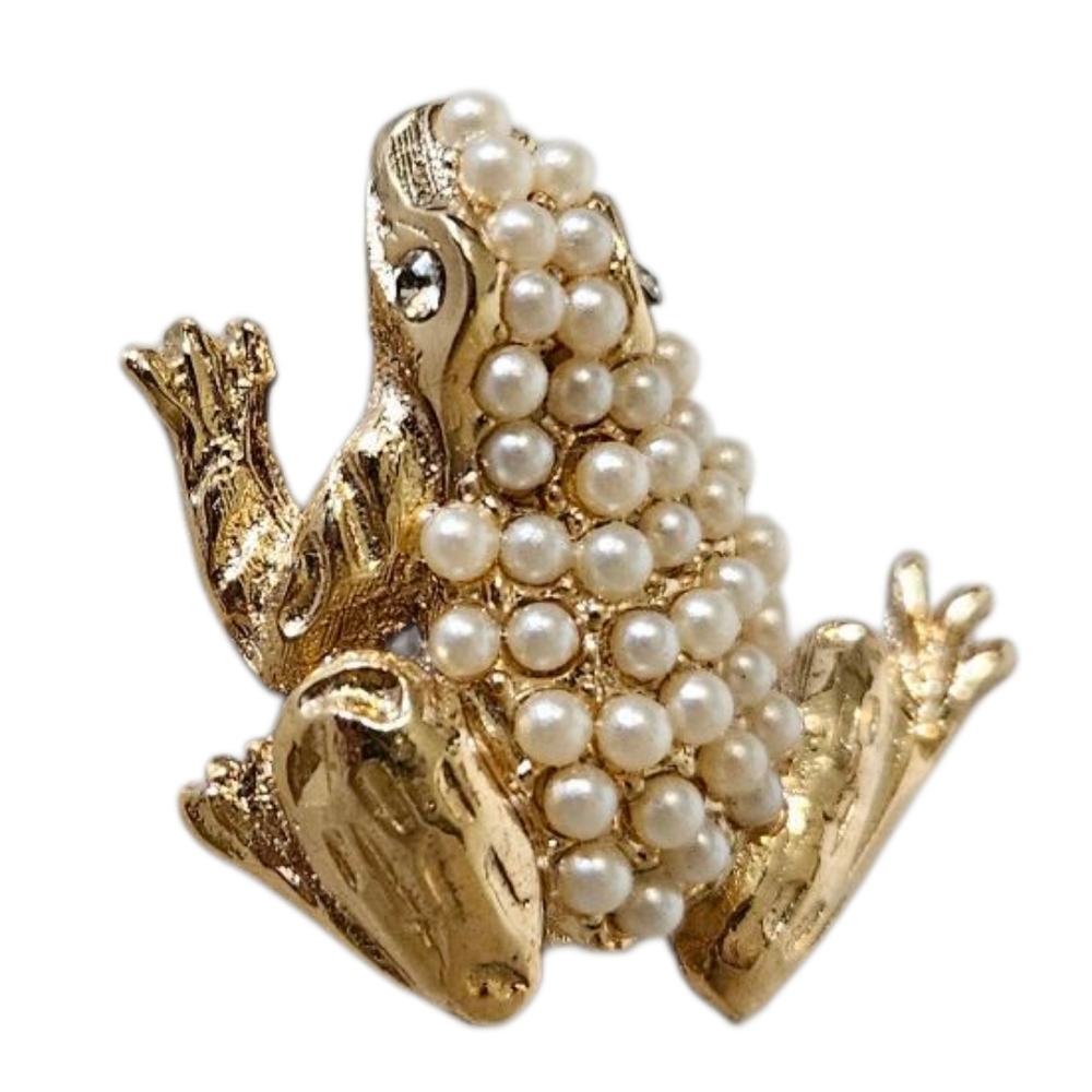 Vintage Gold Tone Faux Pearl Frog Brooch.